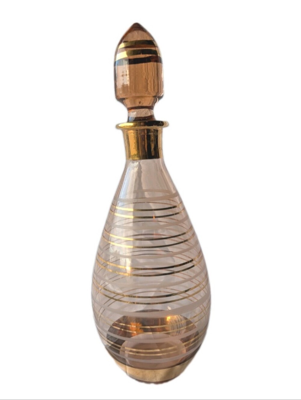 Glass Wine Decanter Rose Gold With Gold Stripes 10" Tall Includes Stopper